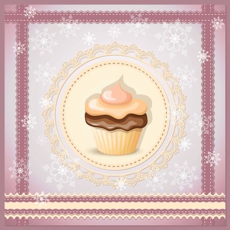 vector illustration christmas banner with cupcake on the violet background with snowflakes のイラスト素材