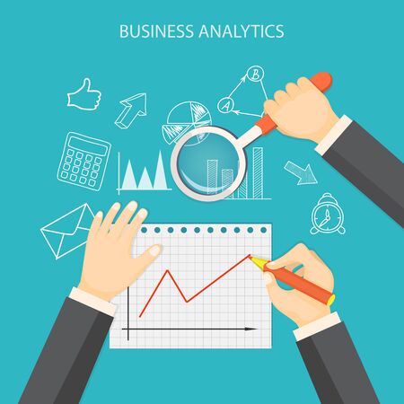 Flat  vector illustration. Hands with pencil, paper of graphic, loupe and hand drawn business symbols. のイラスト素材