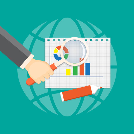 Flat design modern vector illustration concept of business webinar, on line seminar with loupe in the  hand.のイラスト素材