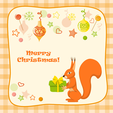 Vector retro design of christmas card with cartoon squirel and hand drawn elements. EPS 10.のイラスト素材