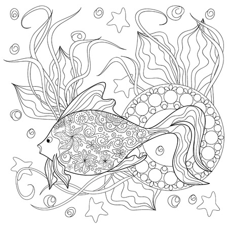 Hand drawn decorated image with fish, mandala and sea herb. のイラスト素材
