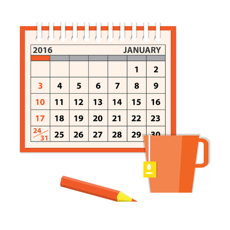 Flat modern design concept of business planning with calendar of the January 2016, pencil and cup on the white background. のイラスト素材