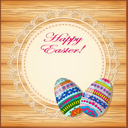 Hand drawn  decorated eggs on the wood background. Image for easter card. Vector illustrationのイラスト素材