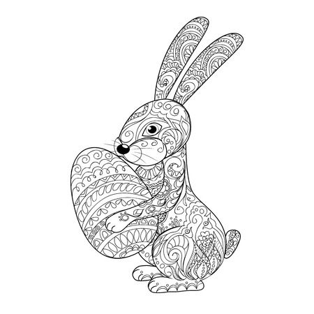Hand drawn decorated cartoon rabbit  with egg. Card for easter day. Zentangle style. Henna Paisley flowers Mehndi. Image for adult or children coloring  page, tatoo. Vector illustrationのイラスト素材