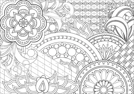 Hand drawn decorated image with doodle flowers and mandalas.  Henna Paisley flowers Mehndi. Image for adults coloring page. Vector illustrationのイラスト素材