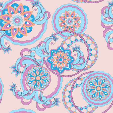 Hand drawn decorated seamless pattern in boho style with mandalas. Vector illustrationのイラスト素材