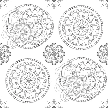 Hand drawn decorated seamless pattern with flowers and mandalas.  Vector illustrationのイラスト素材