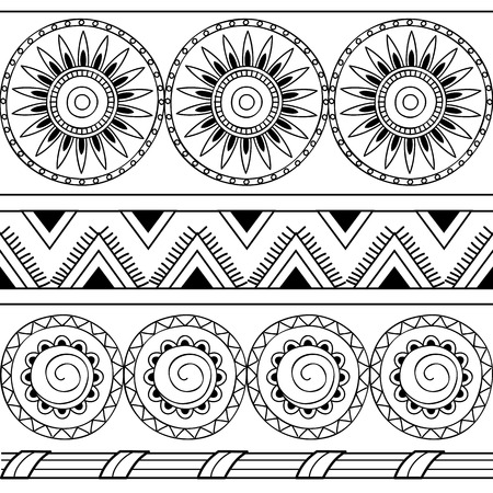 Hand drawn  geometric monochrome seamless pattern with mandalas. Vector illustrationのイラスト素材