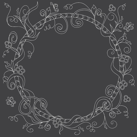 Hand drawn decorated frame with doodle flowers and elements on the black background in boho style.   Vector illustrationのイラスト素材