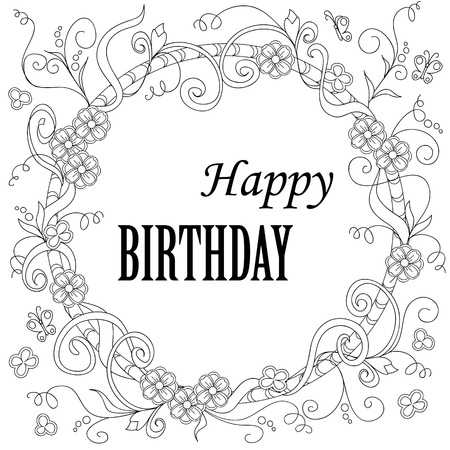 Hand drawn decorated greeting card happy birthday in boho style.   Vector illustrationのイラスト素材
