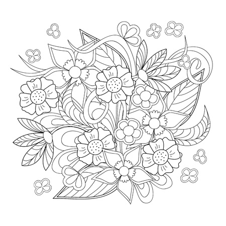 Hand drawn  image with flowers for adult and children coloring book. Image for decoration clock face, dishes, crockery, plates, walls.のイラスト素材