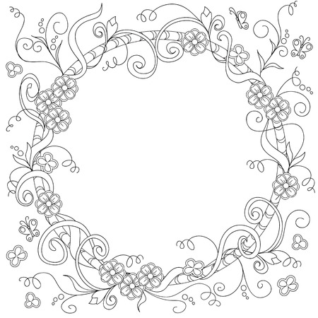 Hand drawn decorated frame in boho style. Pencil drawing.  Image for adult coloring  book, page, tattoo. Vector illustrationのイラスト素材
