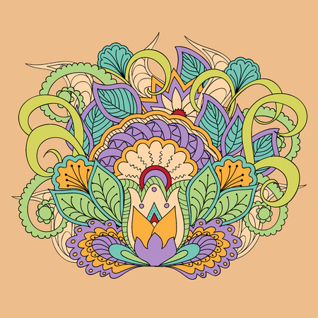 Hand drawn doodle colorful  floral image with mandala in boho style.のイラスト素材