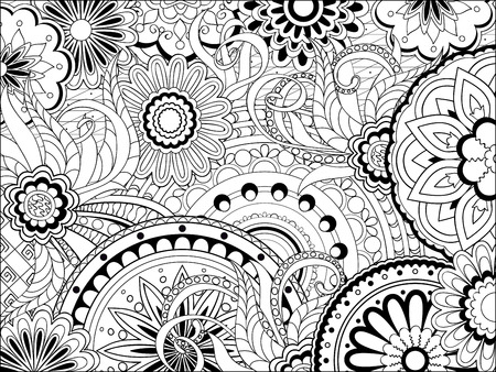 Hand drawn decorated image with doodle flowers and mandalas. Image for adult coloring pages, books. Vector illustration - eps 8.のイラスト素材