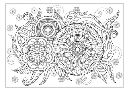 Hand drawn decorated image with doodle flowers and mandalas. Image for adult coloring pages, books, embroidery. Vector illustration - eps 8.のイラスト素材
