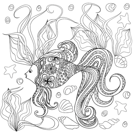Hand drawn decorated cartoon fish in boho style. Pencil drawing.  Image for adult or children coloring  book, page. Vector illustration - eps 10.のイラスト素材