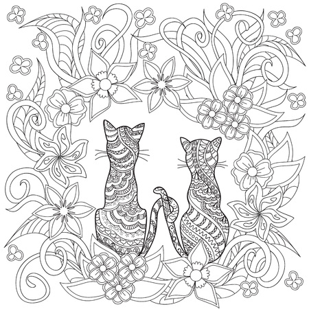 Hand drawn decorated cartoon cats in boho style. Pencil drawing.  Image for adult or children coloring  book, page. Vector illustration - eps 10.のイラスト素材