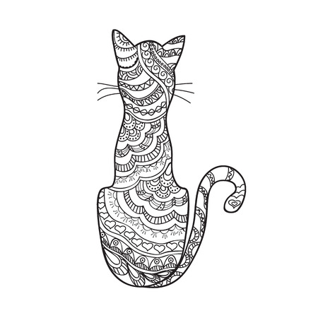 Hand drawn decorated cartoon cat in boho style. Pencil drawing.  Image for adult or children coloring  book, page, tatoo. Vector illustration - eps 10.のイラスト素材