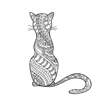 Hand drawn decorated cartoon cat in boho style. Pencil drawing.  Image for adult or children coloring  book, page, tattoo. Vector illustration - eps 10.のイラスト素材