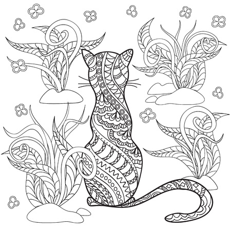 Hand drawn decorated cartoon cat in boho style. Pencil drawing.  Image for adult or children coloring  book, page. Vector illustration - eps 10.のイラスト素材