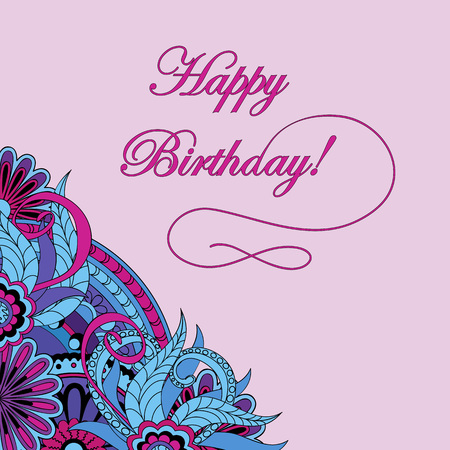 Hand drawn colorful decorated birthday card  in boho style on the pink background. Vector illustration - eps 10.のイラスト素材