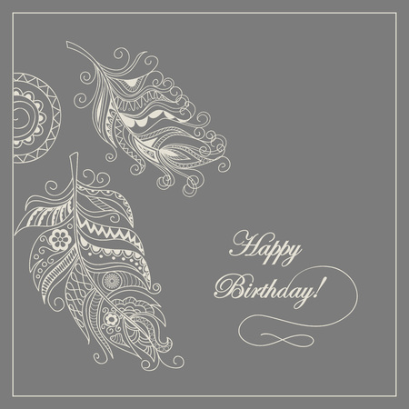 Hand drawn birthday monochrome card with doodle feather in boho style. Can put it on the any color of the background. Vector illustration - eps 8.のイラスト素材