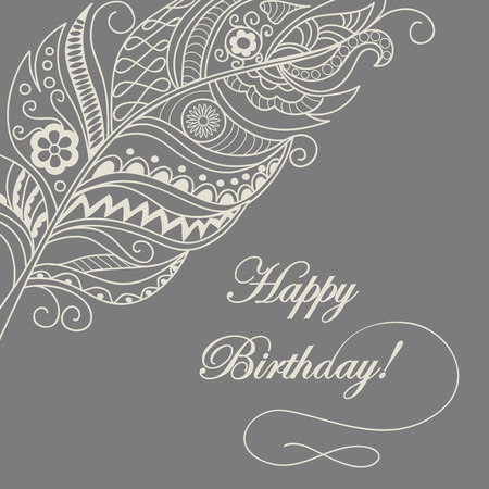 Hand drawn birthday monochrome card with doodle feather in boho style. Can put it on the any color of the background. Vector illustration - eps 8.のイラスト素材