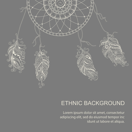 Hand drawn  monochrome card with doodle feather and dream catcher in boho style. Can put it on the any color of the background. Vector illustration - eps 8.のイラスト素材
