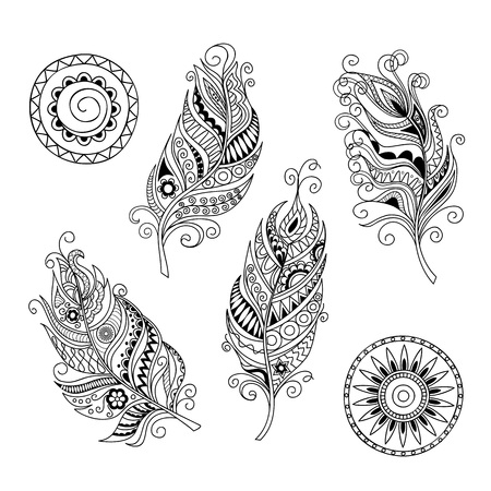 Set of hand drawn  mandalas and feathers isolated on white. Boho style. Image for adult and children coloring books, pages, tattoo, decorate dishes, cups, porcelains, shirts, dresses, bags, tunics. EPS 8.のイラスト素材