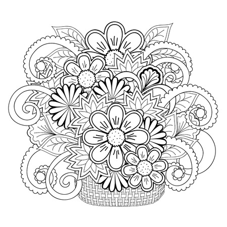 Hand drawn monochrome print with doodle flowers in the basket  isolated on the white. Boho style. Image for adult and children coloring books, pages, tattoo, decorate dishes, cups, porcelain, ceramics, shirts, dresses, bags, tunics. eps 10のイラスト素材