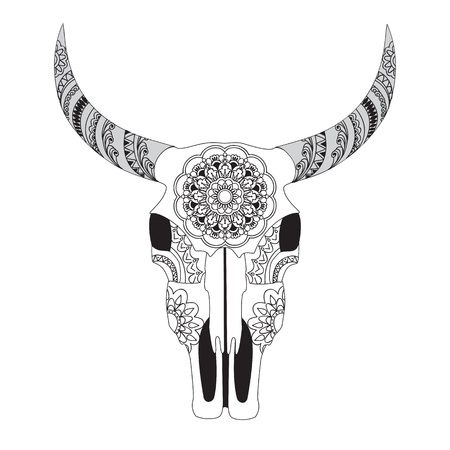 Hand drawn decorated cow skull with mandala isolated on white. Boho style. Image for adult and children coloring books, pages, tattoo, labels, decorate shirts, dresses, bags, tunics. EPS 8.のイラスト素材