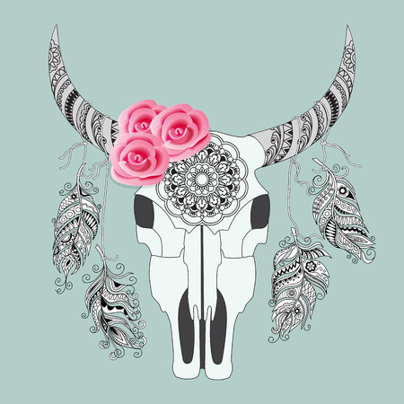 Hand drawn decorated cow skull with mandala, rouses and feathers isolated on grey background. Boho style. Image for tattoo, labels, decorate shirts, dresses, bags, tunics. EPS 10.のイラスト素材