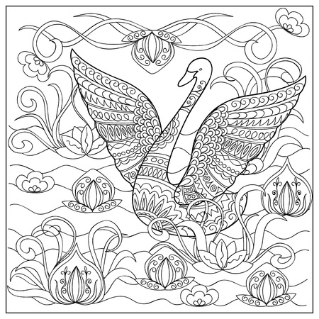Hand drawn decorated cartoon swan with doodle flowers in the lake. Image for adult and children coloring pages, books, embroidery, wallpaper, decorate walls.  eps 10.のイラスト素材