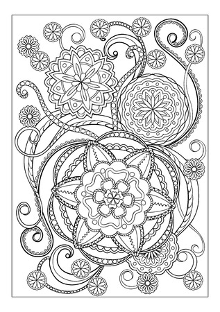 Hand drawn image with doodle flowers and mandalas for adult coloring pages, books, embroidery,  decorate t-shirts, dresses, bags, tunics. A4 Paper Size Template.  eps 10.のイラスト素材