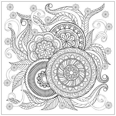 Hand drawn image with doodle flowers and mandalas for adult coloring pages, books, embroidery,  decorate t-shirts, dresses, bags, tunics.  eps 10.のイラスト素材