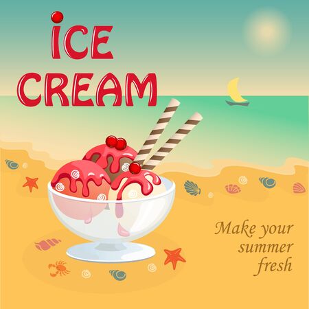 illustration banner with  summer  ice cream on the beach on the vintage background.のイラスト素材