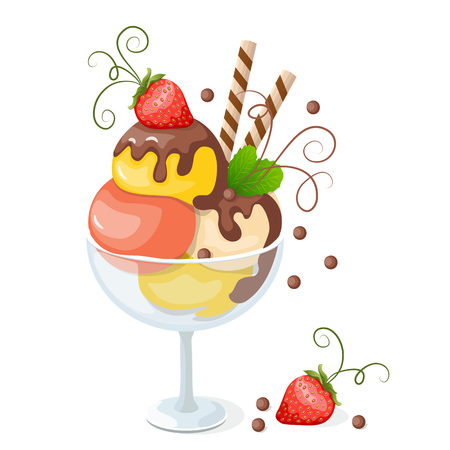 illustration ice cream in the glass bowl  with strawberry on the white background.のイラスト素材