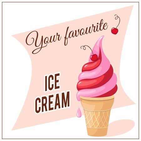 illustration banner with cherry ice cream on the vintage background.のイラスト素材