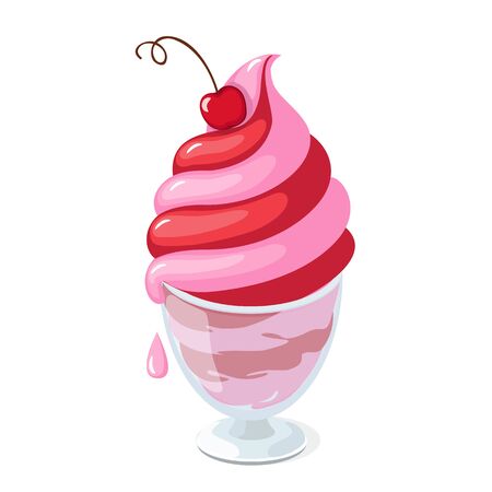illustration isolated cherry ice cream or frozen yogurt in the glass bowl on the white background.のイラスト素材