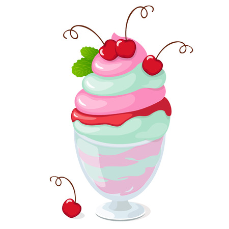illustration isolated cherry ice cream or frozen yogurt in the glass bowl on the white background.のイラスト素材