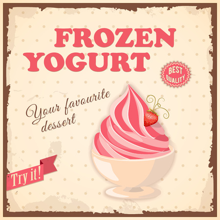 Vector illustration banner with strawberry frozen yogurt in the bowl on the vintage background and text Try it, best quality. Image for menu, restaurant, shop, cafeteria, ice cream parlor.のイラスト素材