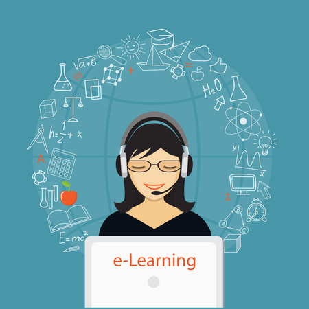 Flat modern design vector illustration concept of  online education, e-learning with girl, laptop and hand drawn icons.のイラスト素材