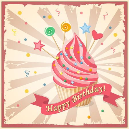 Festive colorful  birthday card on the craft paper with  cake, candy, hearts and ribbon on the vintage backgroundのイラスト素材