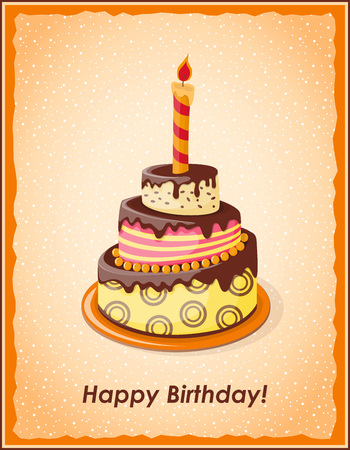 Festive colorful card with text Happy  Birthday, cake tier, candle on the vintage background.のイラスト素材