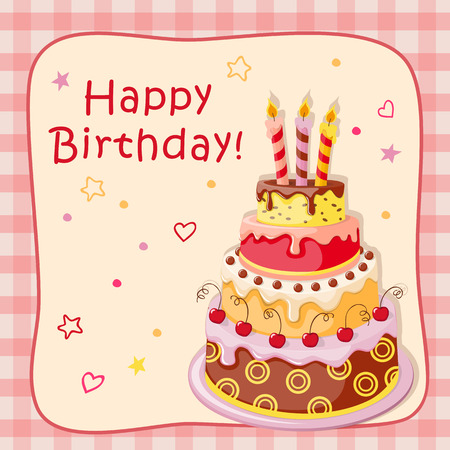 Festive colorful  birthday card  with  cake tier, candles, text  and cherry on the vintage background.のイラスト素材