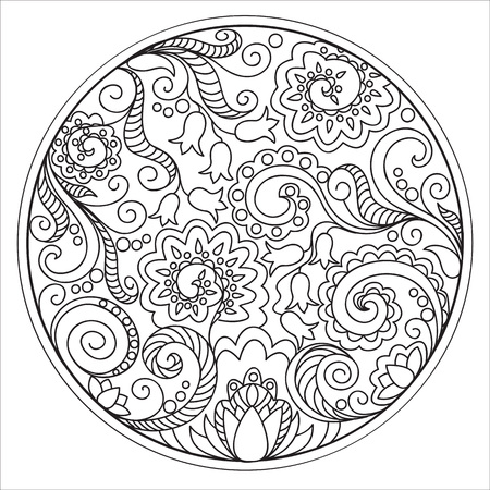 Hand drawn tangled flowers in the circle. Image for adult coloring books,  decorate plates, porcelain, ceramics, crockery.のイラスト素材