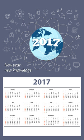 Calendar for wall on 2017 year on the background with hand drawn education signs.  Week starts on Sunday. eps 10のイラスト素材