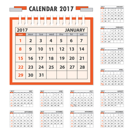 Business calendar for desk on 2017 year. Set of the 12 month isolated pages. Week starts on Sunday. eps 10のイラスト素材
