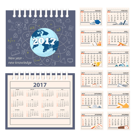 Calendar for desk on 2017 year. Set of the 12 month isolated pages with education icons and full calendar with image on the cover. Week starts on Sunday. eps 10のイラスト素材