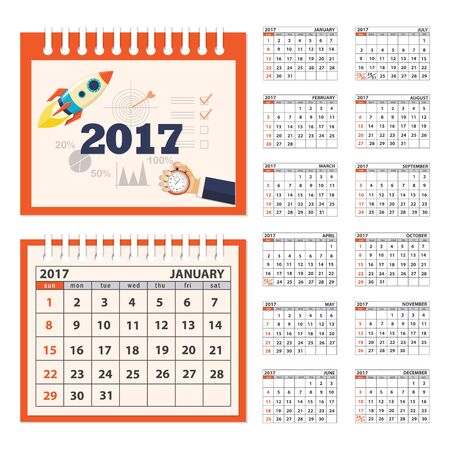 Business calendar for desk on 2017 year. Set of the 12 month isolated pages with image on the cover. Week starts on Sunday. eps 10のイラスト素材
